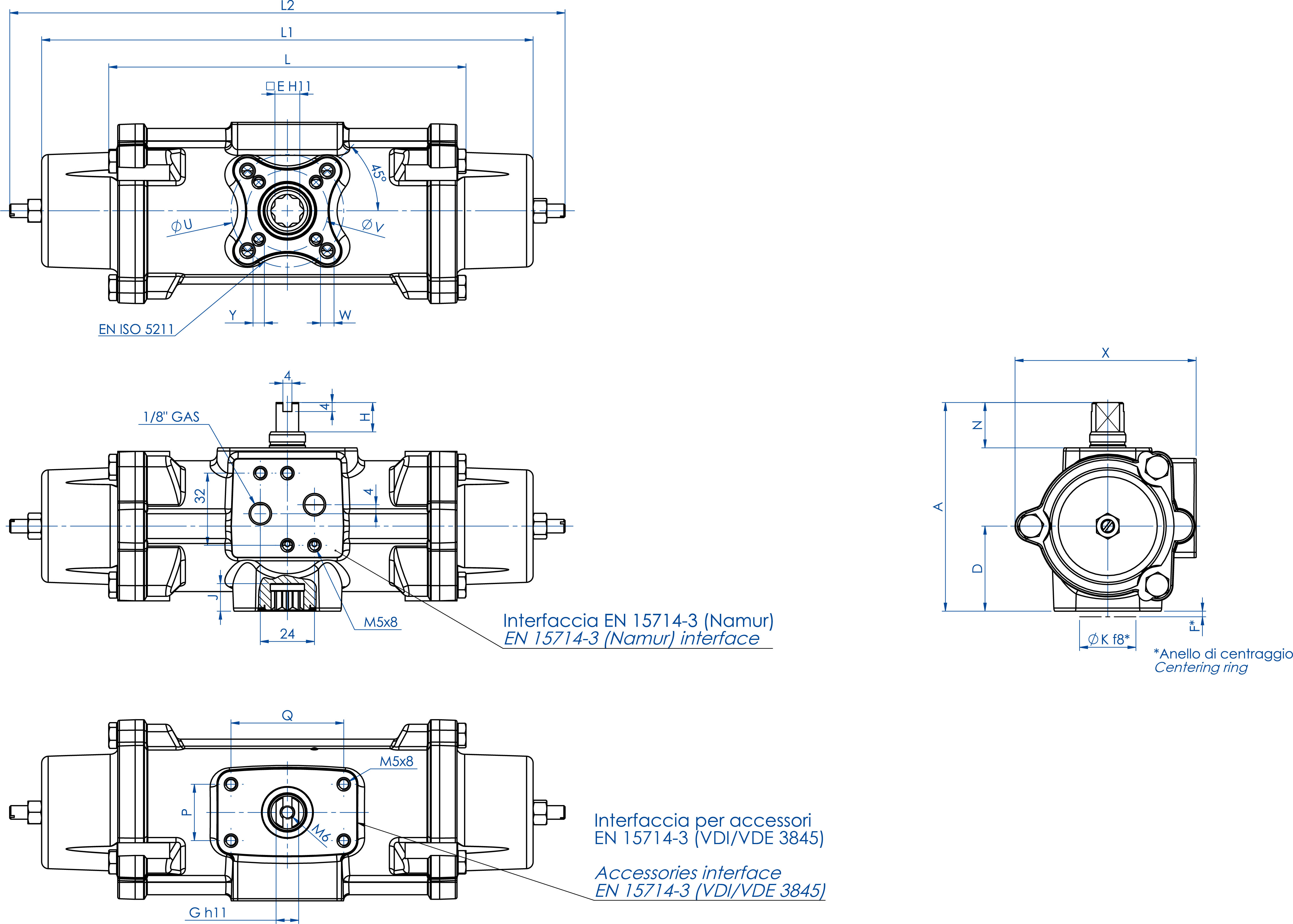 Attuatore pneumatico semplice effetto GS inox CF8M microfuso - dimensioni - GS30 ÷ GS240